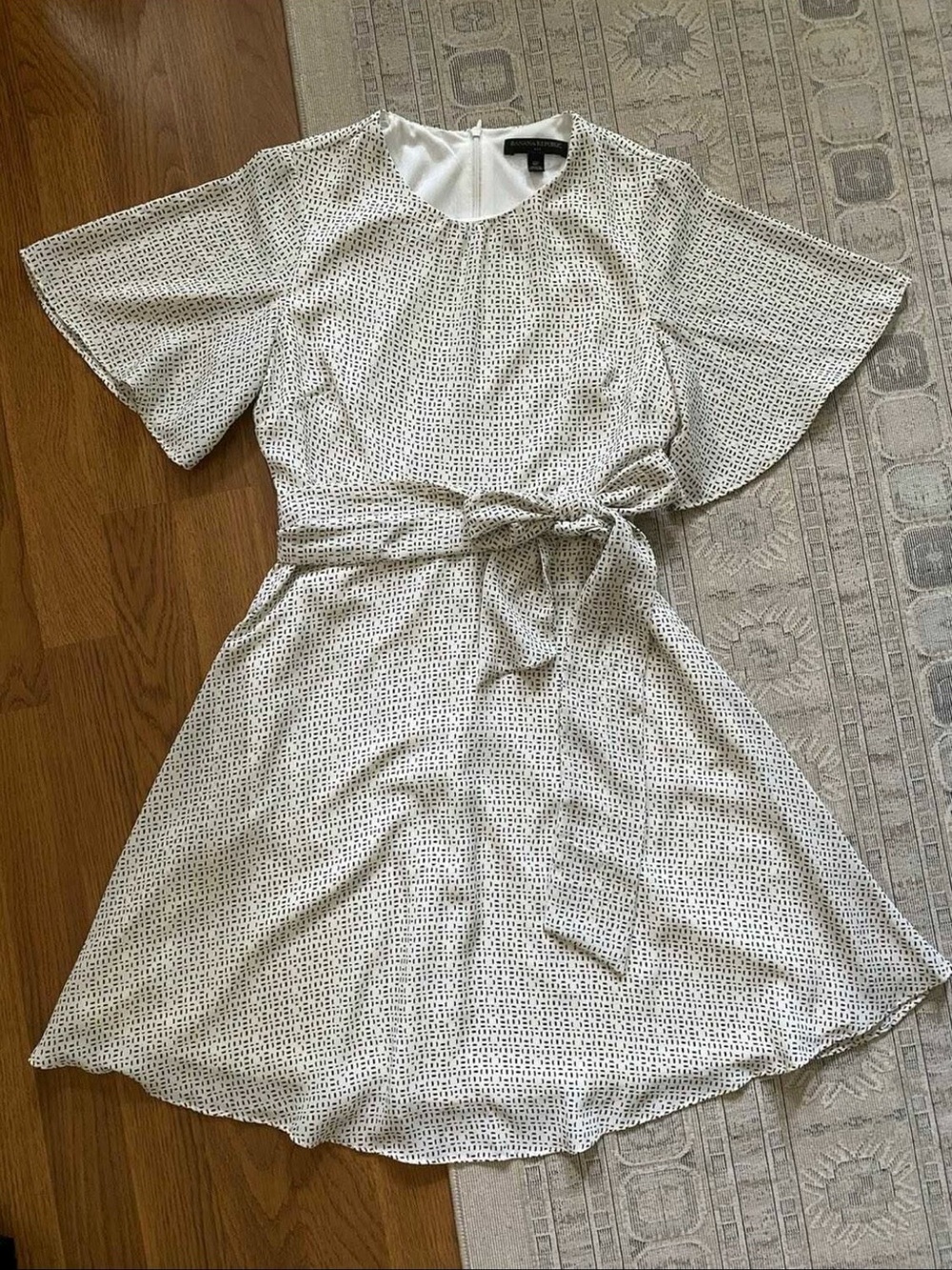 Banana Republic Ivory Dress with Black Line Print and Tie Waist